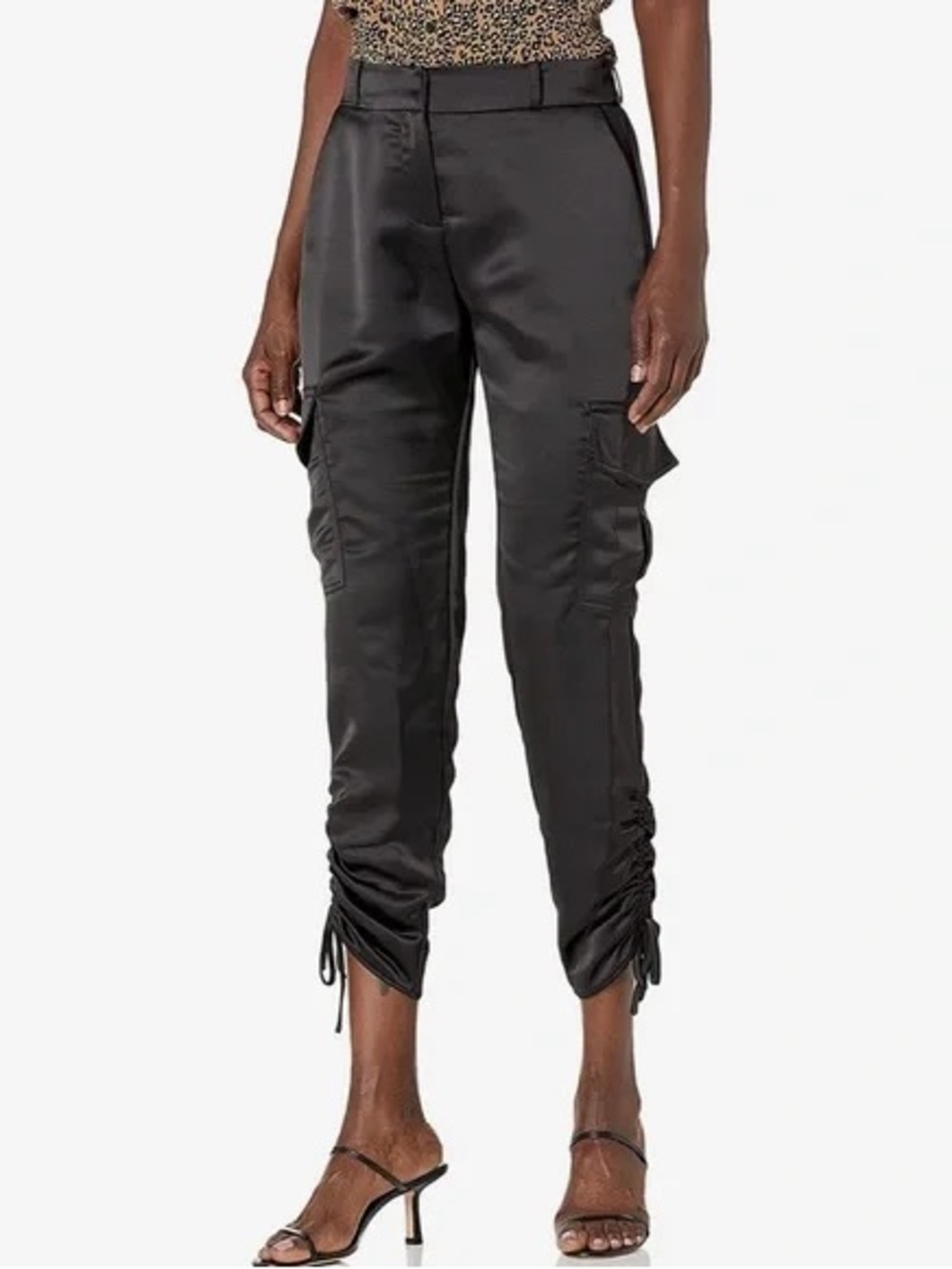 Parker Black Satin Cargo Pants Size 6 Ruched Ankle Tie Luxe Jogger Style